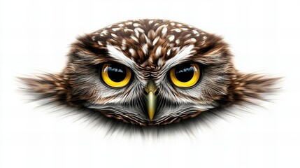 Naklejka premium Close-up of an owl's face, showcasing its intense gaze and intricate feather details. The bright yellow eyes stand out against the brown and white plumage.