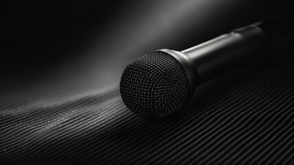 Close-Up of a Black Microphone on Textured Surface with Dramatic Lighting and Shadows in a Studio Setting