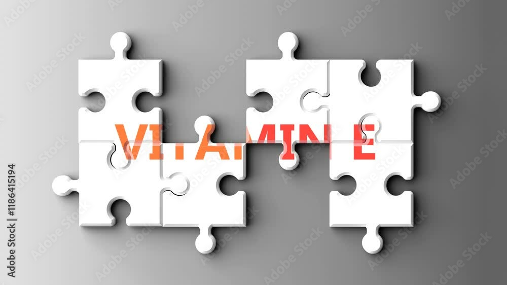 Poster vitamin e as a complex topic - pictured as word vitamin e on a puzzle pieces to show that vitamin e 