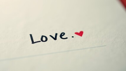 The image is a close-up of a piece of white paper with the word "Love" written in black cursive text. The word is written in a cursive font and is slightly tilted to the right.
