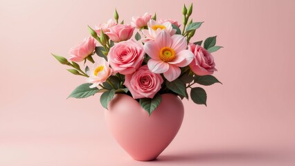 Naklejka premium The image is a 3D rendering of a beautiful bouquet of flowers in a pink vase. The vase is round and has a smooth texture.