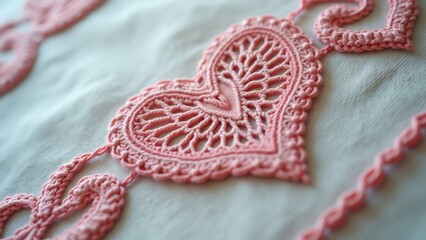 Obraz premium The image is a close-up of a pink crocheted heart on a white fabric. The heart is intricately designed with a lace-like pattern in the center.