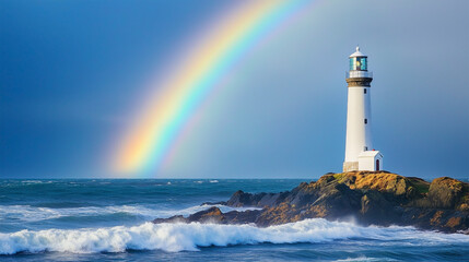 Obraz premium A lighthouse is on a rocky shoreline