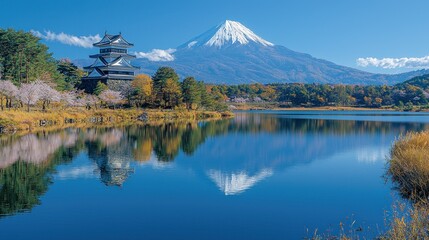 Majestic Mount Fuji and the serene reflection of a Japanese castle on a calm lake, showcasing the beauty of autumn colors and cherry blossoms.