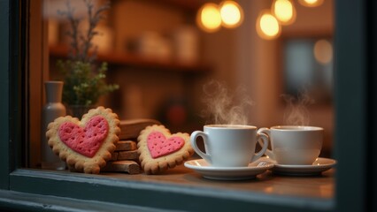 Fototapeta premium The image shows a window sill with two white cups and saucers on it. On the left side of the sill, there are two heart-shaped cookies with pink icing.