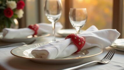 The image shows a table setting with a white tablecloth and a vase of red and white flowers in the background. On the table, there are two wine glasses and a white plate with a red napkin ring on it.