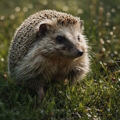 Fototapeta premium A hedgehog exploring a meadow filled with tiny mushrooms and dew-covered grass.