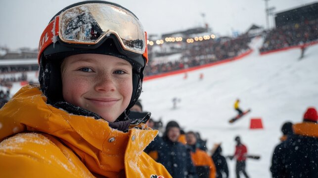 A young snowboarder beams with excitement against a backdrop of a thrilling snowboarding competition and cheering spectators.