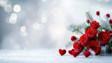 Romantic bouquet of red roses with hearts and soft bokeh background