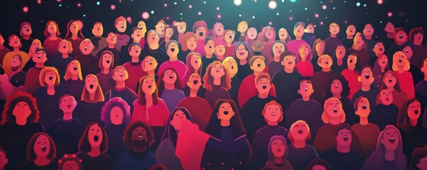 Large group of people singing at a festive concert, joyful community gathering, bright and vibrant event.