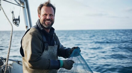 Smiling Fisherman at Sea: A happy fisherman with a beard smiles warmly as he holds a fishing net on a boat, the vast ocean stretching behind him.