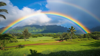 Obraz premium A rainbow is in the sky above a grassy field