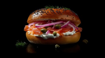A delicious smoked salmon and cream cheese sandwich on a toasted bagel, topped with capers, red onions, and fresh dill.