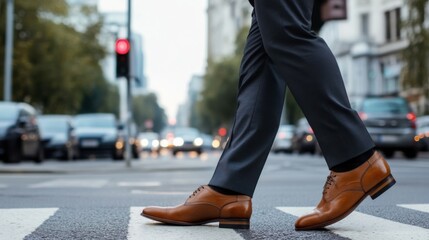 The Urban Navigator: A close-up of a man's legs, clad in a sleek dark suit and polished brown leather shoes, walking confidently across a busy city street.