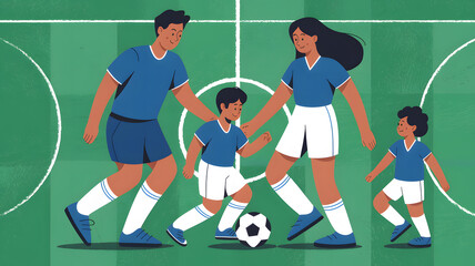 Fototapeta premium An engaging illustration of a family playing soccer, with parents and children actively enjoying the game on a lush green field, showcasing teamwork and fun. 
