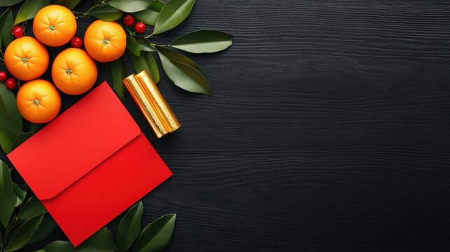 Festive arrangement with oranges and red envelope on dark wood
