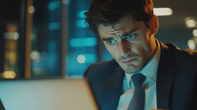 Cybersecurity Specialist at Work: A  focused professional in a data center, intensely examining a laptop screen under the cool glow of blue and purple lights.
