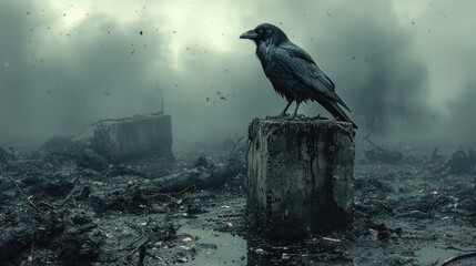 Fototapeta premium A solitary raven stands amidst a desolate landscape.