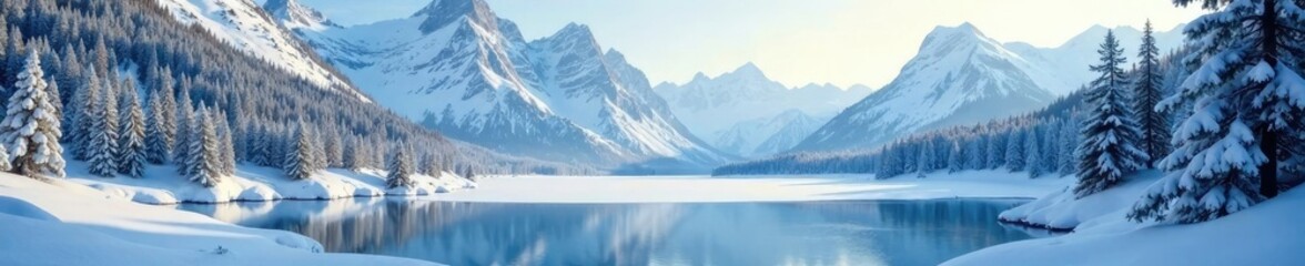 Obraz premium Frosty peaks and pine trees surround a frozen lake, mountain scene,