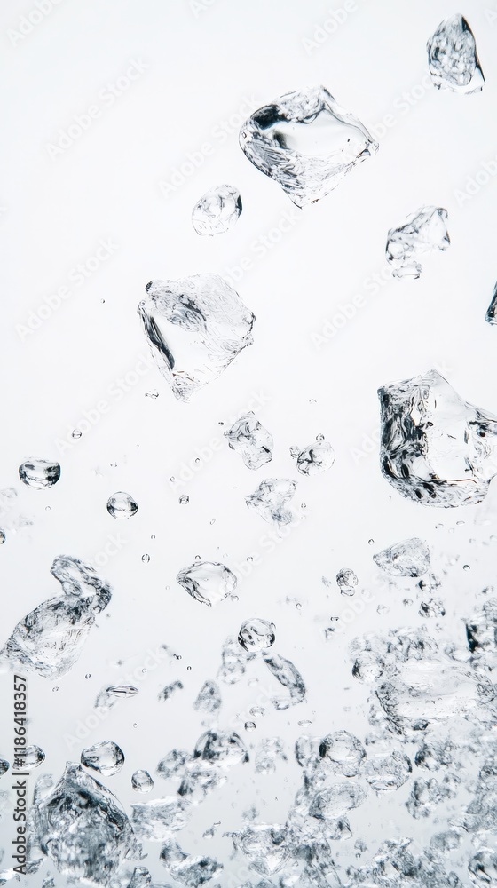 Poster ice cubes falling into water, creating bubbles, ripples, and a refreshing splash, perfect for illust