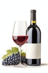 Obraz premium Botella de vino elegante con acabado negro mate junto a una copa y uvas frescas en un entorno minimalista