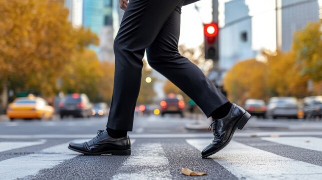 Businessman Crossing the Street: A low-angle shot focusing on the legs and feet of a businessman in a sharp black suit, striding confidently across a city crosswalk. The background is blurred.