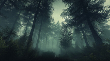 Obraz premium Enchanting view of a dense forest with towering trees and vibrant green foliage, veiled in soft mist, evoking a serene and ethereal natural ambiance perfect for a tranquil escape