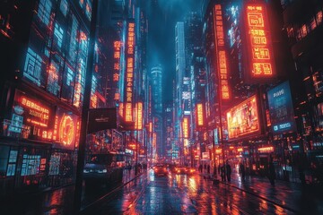 Fototapeta premium futuristic neon-lit metropolis at night with flying vehicles and holographic advertisements illuminating towering skyscrapers in cyberpunk style