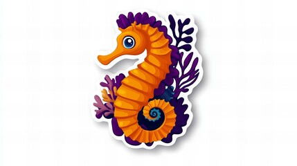 Fototapeta premium Adorable orange seahorse amidst vibrant purple coral. Perfect for kids' designs!