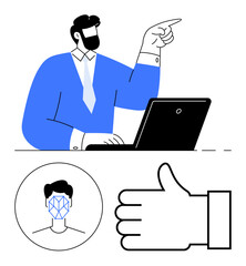 Businessman pointing while working on a laptop, facial recognition illustration, and a thumbs-up gesture. Ideal for technology, approval, biometrics, AI, workplace, communication abstract line flat