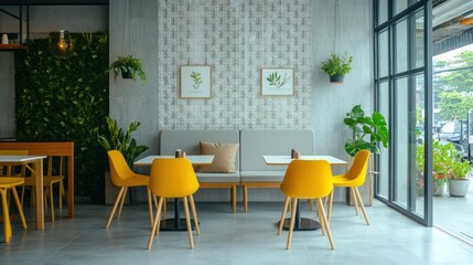 Obraz premium Modern cafe interior, yellow chairs, plants, city view