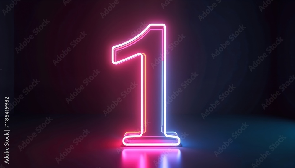 Poster Colorful neon number one glows brightly in dark studio setting. Glowing lines create vibrant design within numeral one shape. Illumination intense, dynamic. Backdrop completely dark to highlight