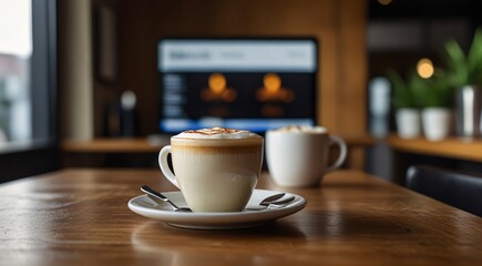 Fototapeta premium Two cups of cappuccino coffee on a wooden table in a modern cafe
