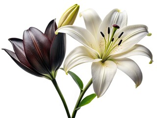 Fototapeta premium Dark floral tattoo: urban explorer Lily, black blooms.