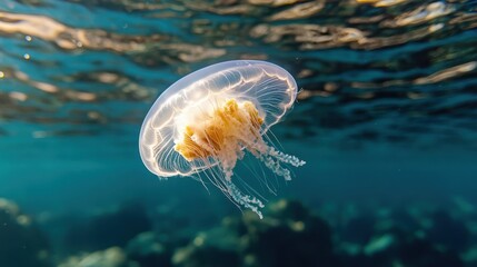 Fototapeta premium A jellyfish gracefully drifts in crystal-clear blue waters, illuminated by soft sunlight, encapsulating the tranquil beauty of the underwater world.