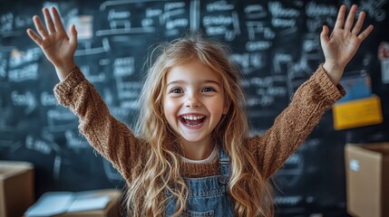 A joyful young girl a big smile, standing in front of a chalkboard in a classroom, radiating excitement and eagerness to learn
