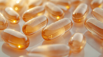 Macro shot of translucent capsules with a glossy surface arranged on a reflective background.