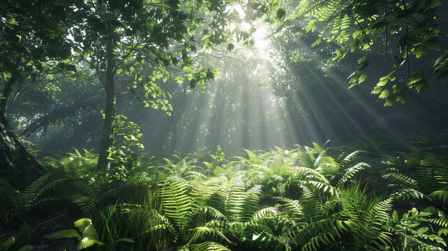 Sunlight streams into a forest glade, creating a magical play of dappled light that filters through the leaves and highlights the lush ferns beneath.
