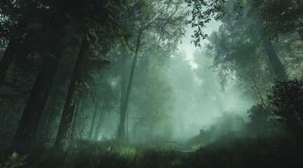 Obraz premium Enchanting view of a dense forest with towering trees and vibrant green foliage, veiled in soft mist, evoking a serene and ethereal natural ambiance perfect for a tranquil escape
