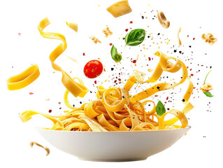 Fresh Pasta with Ingredients Flying in Air, Perfect for Cooking and Culinary Creative Projects