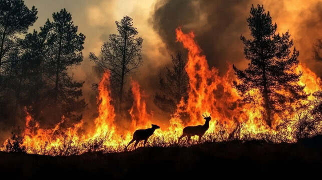 Silhouetted deer flee from raging forest wildfire under smoky sky