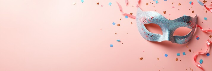 Beautiful carnival mask with glitter and pink ribbons on a pastel pink background decorated with colorful confetti, creating a festive and joyful atmosphere for celebration and entertainment