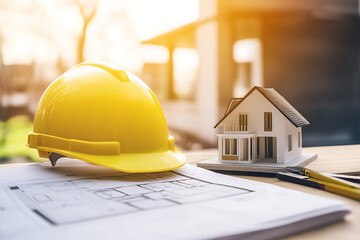 Home Construction Project Planning: Architect's Blueprint, Hard Hat, and House Model