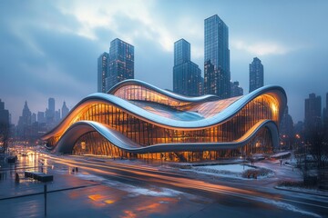 Fototapeta premium futuristic urban architecture with glass skyscrapers reflecting dramatic sky, creating dynamic patterns of light and movement in modern city