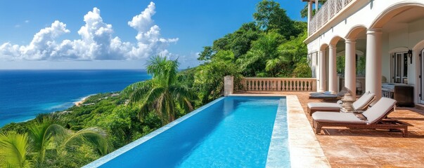 Fototapeta premium Luxury villa with a private pool overlooking the ocean, dream vacation destination, serene paradise.