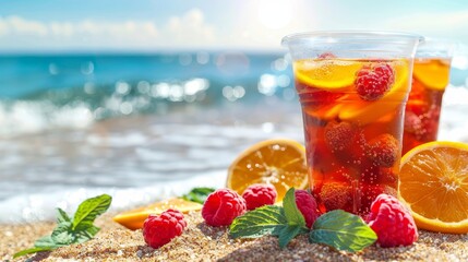 Refreshing tropical cocktails with exotic fruits and mint on a scenic beachside view
