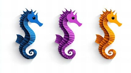 Obraz premium Three vibrant seahorses in blue, purple, and orange, arranged side-by-side against a clean white background. Paper art style.