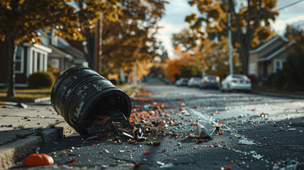 Overturned Trash Bin on Suburban Curb: A knocked-over trash bin with scattered debris on the side of a quiet suburban street, capturing a moment of disruption in an otherwise orderly environment.