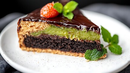 Delicious Chocolate Mint Cake Slice with Strawberry