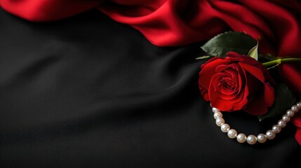 Elegant red rose and pearls on luxurious fabric